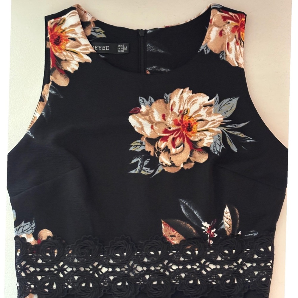 Floral Crochet Waist Midi Dress Womens Black Tan Sleeveless NWOT Homeyee Medium